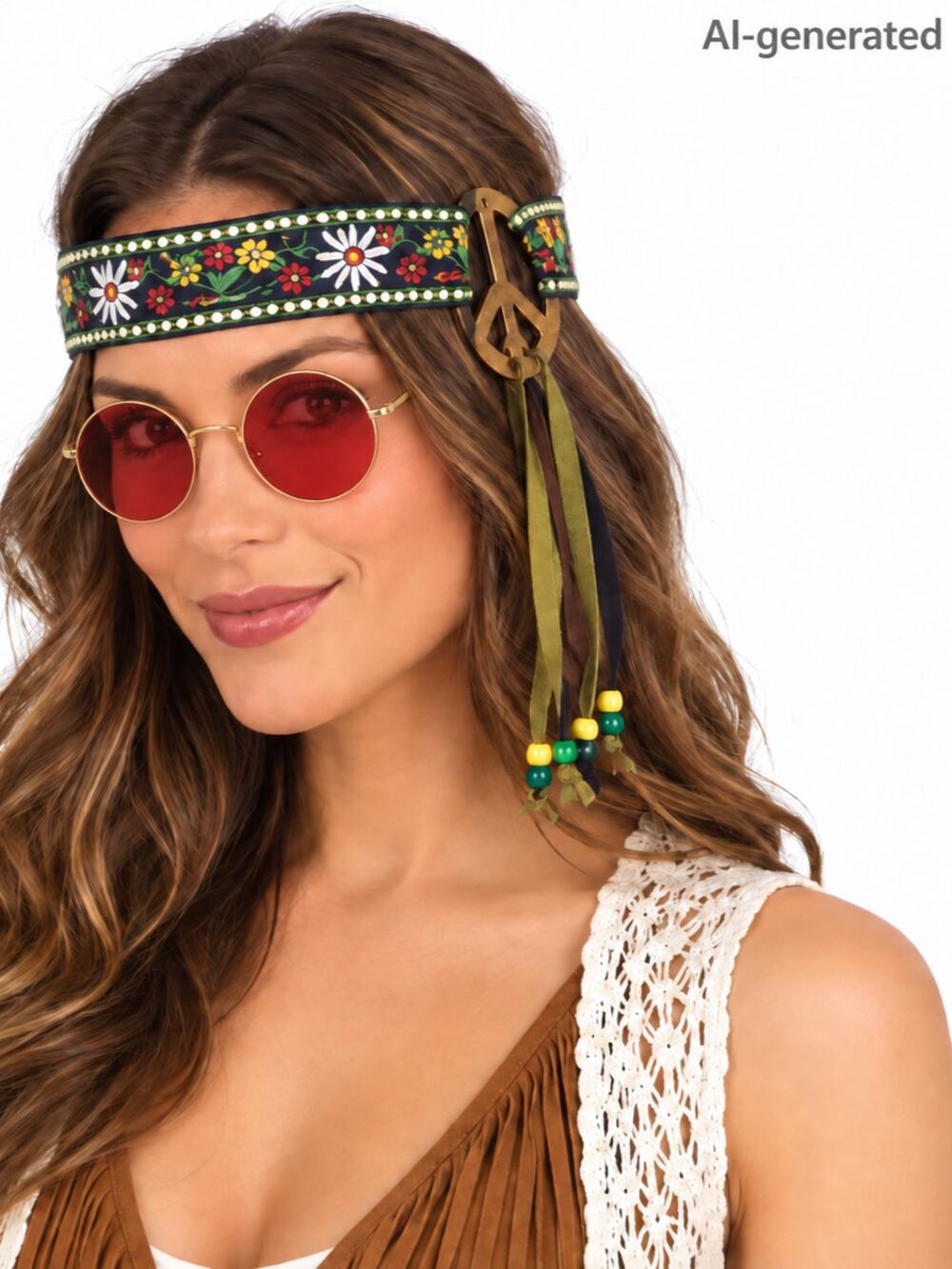 Hippie Costume Accessories – Floral Peace Sign Headband & Round Red Glasses